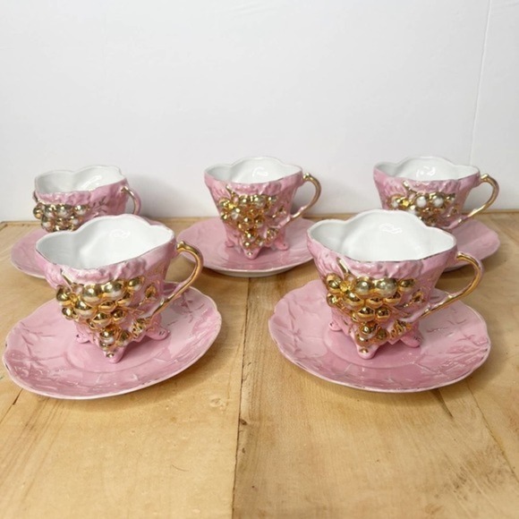 Pink & Gold Lusterware Set of 5 Teacup & Saucer Victorian Luster‎ Raised Grapes - Picture 2 of 16